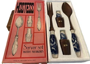 Materia Spooner Fork Shakers Teakwood Blue Porcelain Hakusan Japan Lot - Picture 1 of 6