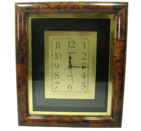 VTG Cannon Wall Clock Professional Office Rectangular Burled Wood Frame 14" Cover
