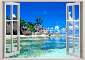 Póster de pared pegatina ventana efecto 3D naturaleza playa montañas árboles de agua vinilo 353 - Imagen 1 de 1