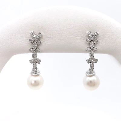18K White Gold Pearl Diamond Drop Dangle Earrings Bow Pinwheel Bridal New - Image 1 of 4