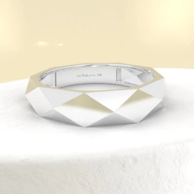 18K Solid White Gold Faceted Ring Geometric Wedding Band Modern Handmade Ring - Image 1 of 4