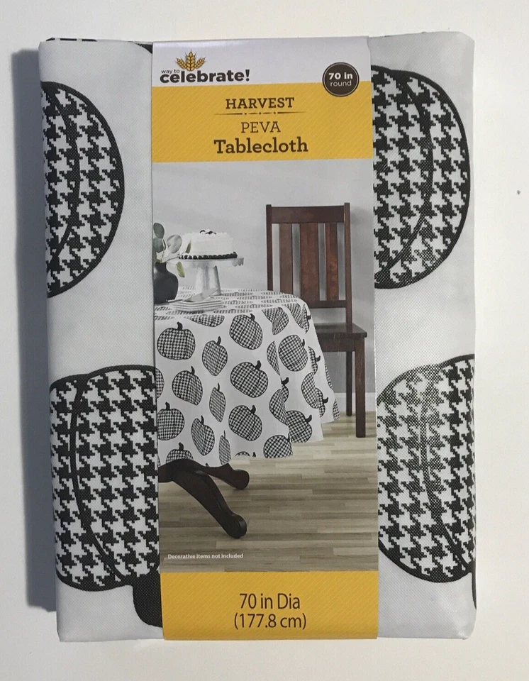 Celebrate PEVA Houndstooth Black White Pumpkin Fall Harvest 70" Round Tablecloth