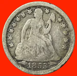 1853 U.S. 10 Cents Seated Liberty SILVER Dime with Arrows - FREE SHIPPING - Picture 1 of 2