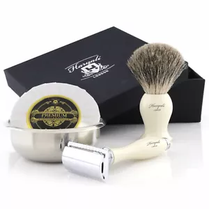 Kit rasoio da barba doppio bordo da uomo tasso spazzola per capelli set sapone e ciotola - Foto 1 di 8