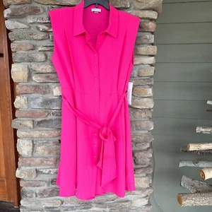 Calvin Klein Womens Fuchsia Sleeveless Dress 16 Button Front Tie Waist Flare NWT - Picture 1 of 6