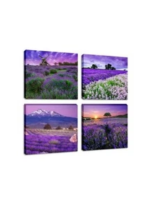 4 Pc Canvas Pictures Lavender Flower Decor Sunset Landscape Windmill 15.7x15.7" - Picture 1 of 6