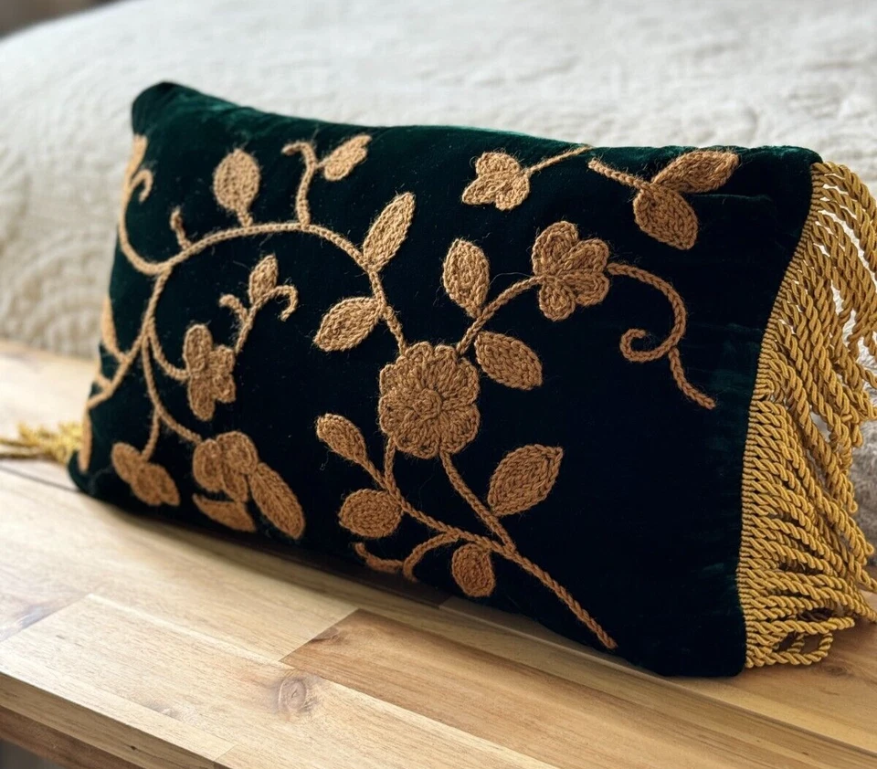 Luxury Dark Green Gold Rectangle Moroccan Handmade Embroider Filled Cushion - Image 1 of 4