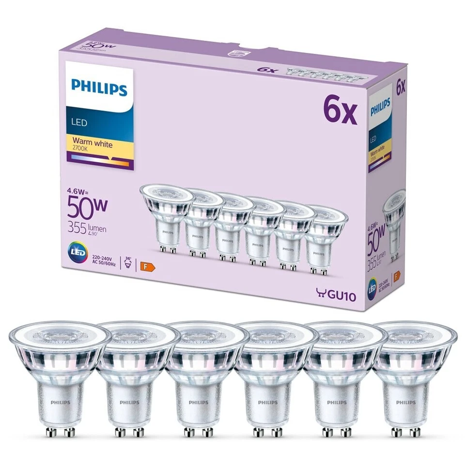 6er-Set PHILIPS GU10 LED Reflektor 4,6W wie 50W 36° Ausstrahlwinkel 2700K warmw. - Bild 1 von 1