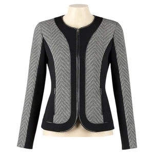 Lafayette 148 Silver Black Chevron Knit Jacket 6 Zip Front Stretch Career Blazer - Picture 1 of 10