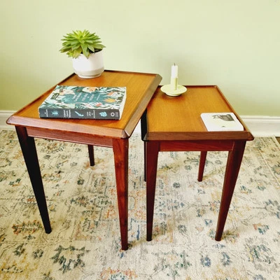 Mid-Century Teak Danish Nesting Tables x2 Side Coffee End Bedside Scandi Style  - Image 1 of 4