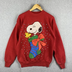 Vintage Snoopy Peanuts Sweatshirt Mens L Red Christmas Jumper Made In USA 1990s - Picture 1 of 11