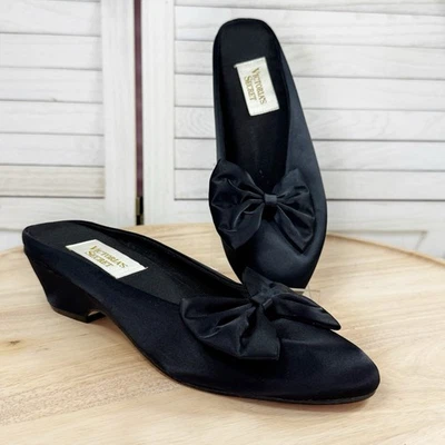 Vintage Victorias Secret Satin Bow Wedge Heel Mule Slippers Black 9 10 - Image 1 of 4