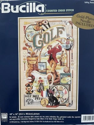 Bucilla 42075 Golfing Memorabilia Cross Stitch Chart Only 10x16 28 Count 1998 - Image 1 of 3