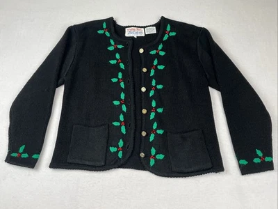 Cárdigan Suéter Vintage Para Mujer M Tally Ho Negro Bordado Acebo Navidad Foto 1 de 4
