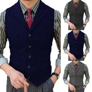 Retro Men's Suit Vest in Vintage Herringbone Tweed Notch Lapel Waistcoat - Picture 1 of 8