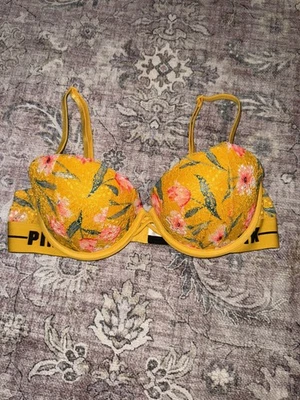 Sujetador de encaje push-up Victori's Secret ROSA fecha 36B amarillo mostaza floral deletreado Foto 1 de 4