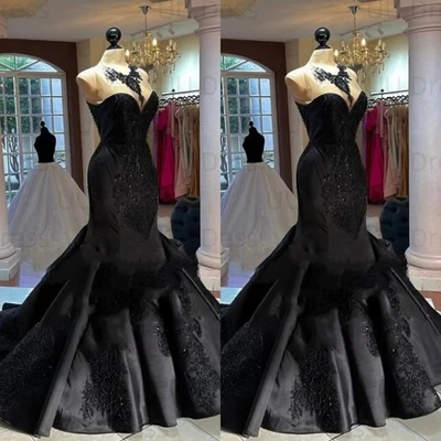 Mermaid Wedding Dresses Off Shoulder Gothic Blacke Beaded Bridal Gowns Satin - Image 1 of 4