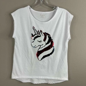Childrens Place Girls Shirt Size 14 XL White Unicorn Round Neck Sequins - Picture 1 of 5