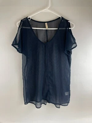 Xhilaration Blouse Women's Size S Navy Blue Sheer Cold Shoulder Cap Sleeve Vneck - Image 1 of 4