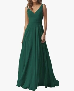 Emerald Green v-neck lace up back Prom Bridesmaid Ball Dress Long Chiffon Formal - Picture 1 of 11