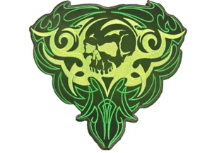 Green Tribal Skull Large Biker Back Patch 9.5 Inch - Picture 1 of 1