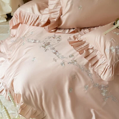 Conjunto de roupa de cama 4 peças bordado flor rosa capa de edredom lençol plano 2 fronhas - Imagem 1 de 4