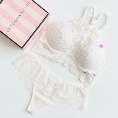 PEQUEÑO Victoria’s Secret ROSA Blanco Crochet Encaje Bralette Sujetador Conjunto Tanga Bragas Foto 1 de 4