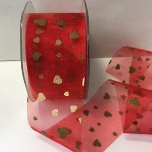 2 Inch Sheer Hearts Ribbon – May Arts –Gold Hearts on Red - CH14 - 5 Yards - Picture 1 of 1