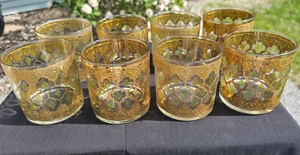 VTG Culver Valencia 22K Gold Filigree Green Diamond Lowball Rocks 3.5" Glass LOT - Picture 1 of 6