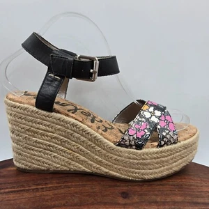 Sam Edelman Destin Sandals Women's 9M Black Pink Leather Floral Platform Wedge - Picture 1 of 13