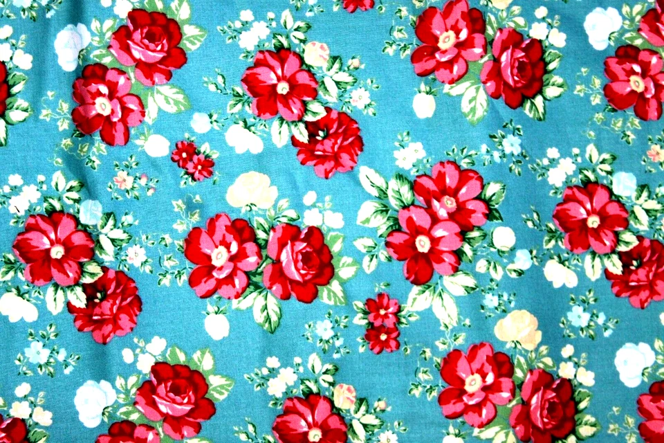 FABRIC 100% QUILTING COTTON ~FAT QUARTER ~ PIONEER WOMAN Aqua Blue & Red Flowers - Image 1 of 1
