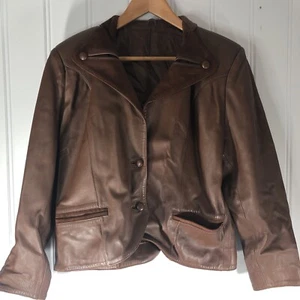 Vintage Women's Tijen Fine Wear Leather Brown Blazer Jacket Medium/38 - Picture 1 of 12