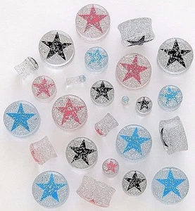 1 Pair Clear Acrylic Glitter Star Saddle Plugs Ear Gauges Double Flare You Pick - Picture 1 of 1