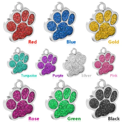Glitter Cute Paw Personalised Dog Tags Pet ID Name Address Collar Discs Engraved - Image 1 of 4