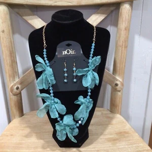 Noir Fashion Boho Teal Floral Ribbon Beaded Statement Necklace and Earring Set - Picture 1 of 11