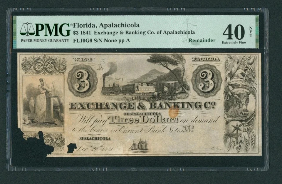 $3 1841 Exchange & Banking Co. of Apalachicola (REMAINDER) (( PMG - 40 NET )) - Image 1 of 3