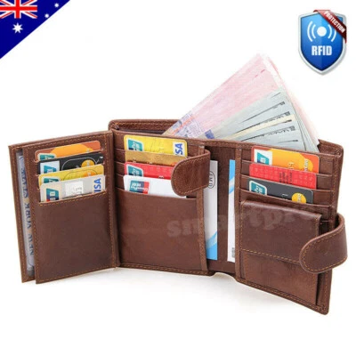 RFID Blocking Genuine Leather Wallet Slim Mens Purse Trifold Credit Card Holder - Image 1 of 4