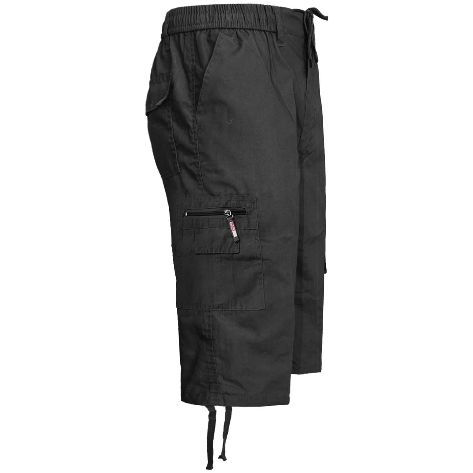 Mens Combat Cargo 3/4 Shorts Elasticated Pockets Casual Pants Big Sizes S-6xl Black Bg-622 XL