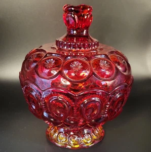Vintage LE Smith Moon & Stars Red Glowing Glass Footed Compote w/ Lid-Candy Dish - Picture 1 of 10