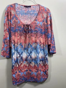 Gloria Vanderbilt 3X Blue Orange Print Beaded Top Scoop Neck Tassel Ties - Picture 1 of 8