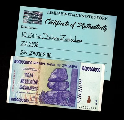 Billete de repuesto de 10.000 millones de dólares de Zimbabue 2008 certificado de autenticidad auténtico ZA0002180 Foto 1 de 3