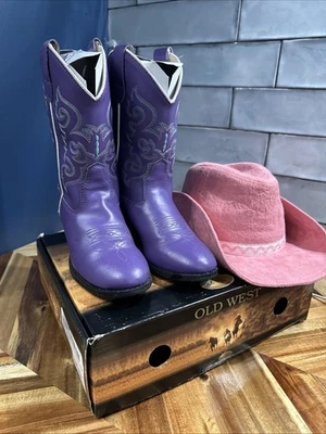 Old West Purple Cowboy Boots Girls Kid Faux Leather Embroidered Size 12 Free Hat - Image 1 of 4