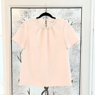 Blusa Kate Spade Mujer Talla 4 Pequeña Rosa Manga Corta Adornada Joya Cuello Foto 1 de 4