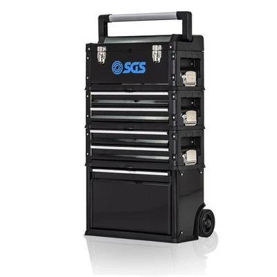 SGS Tool Box Cart 4 Part Stackable Storage 4 Drawers Wheels Handle Black Plastic - Image 1 of 4