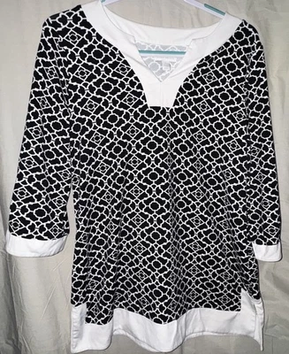 Top túnica Charter Club L negro blanco estampado geométrico manga 3/4 elástico Foto 1 de 4