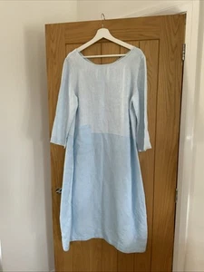 Sahara London Leinenkleid hellblau zweifarbig Taschen UK Größe 16 Langarm - Bild 1 von 12