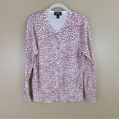 Lands End White Cream & Red Polka dot Cardigan Sweater Enamel Buttons Large - Image 1 of 4