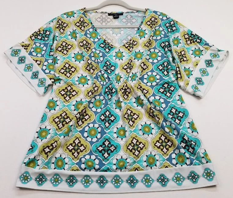 Blusa de seda August para mujer pequeña mediana PM multicolor floral manga corta cuello en V Foto 1 de 4