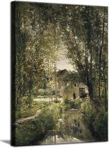 Vintage Summer Country Landscape Canvas Wall Art Rustic Farmhouse Stream Oil Pai - Picture 1 of 7