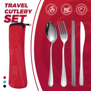 5 Pcs Cutlery Travel Knife Fork Portable Bag Stainless Steel Spoon Chopstick Set - Picture 1 of 11